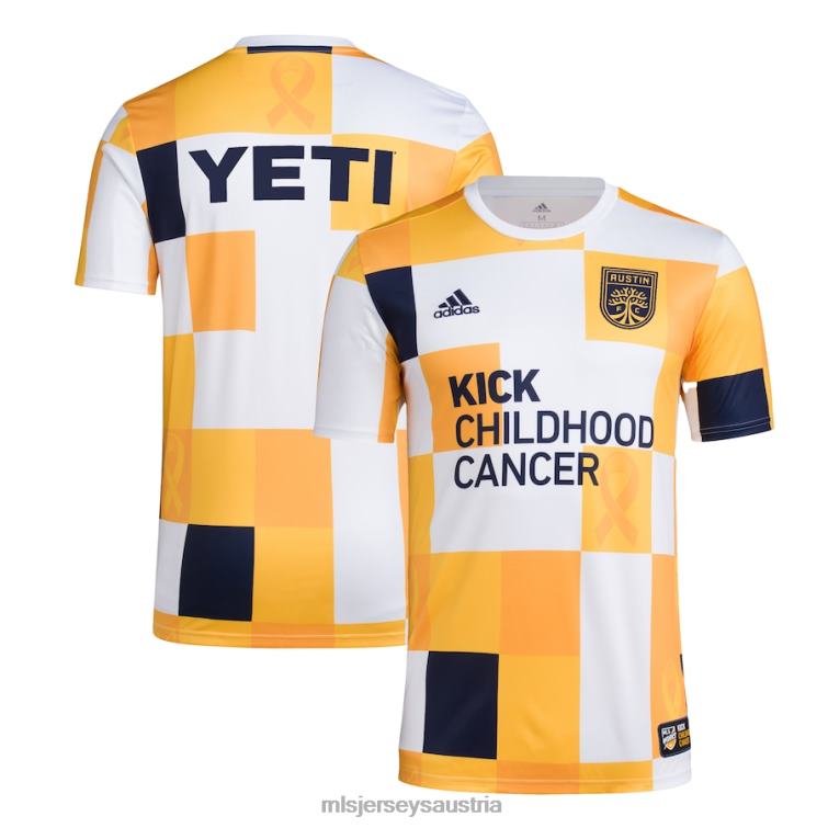 Männer Austin FC adidas Weiß/Gold 2022 Works Kick Child Cancer Aeroready Pre-Match-Oberteil Jersey MLS Jerseys TT4B417
