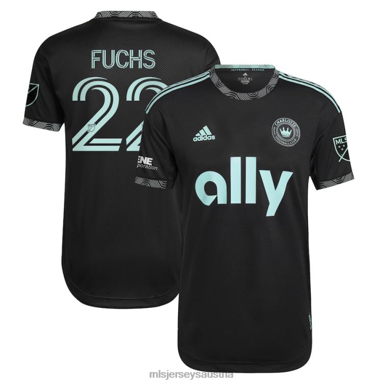 Männer Charlotte FC Christian Fuchs adidas Schwarz 2022 neu geprägtes authentisches Spielertrikot Jersey MLS Jerseys TT4B541